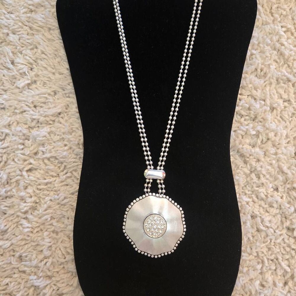 NEW Brushed Silver  Medallion Necklace Rhinestone Accent Double Chain